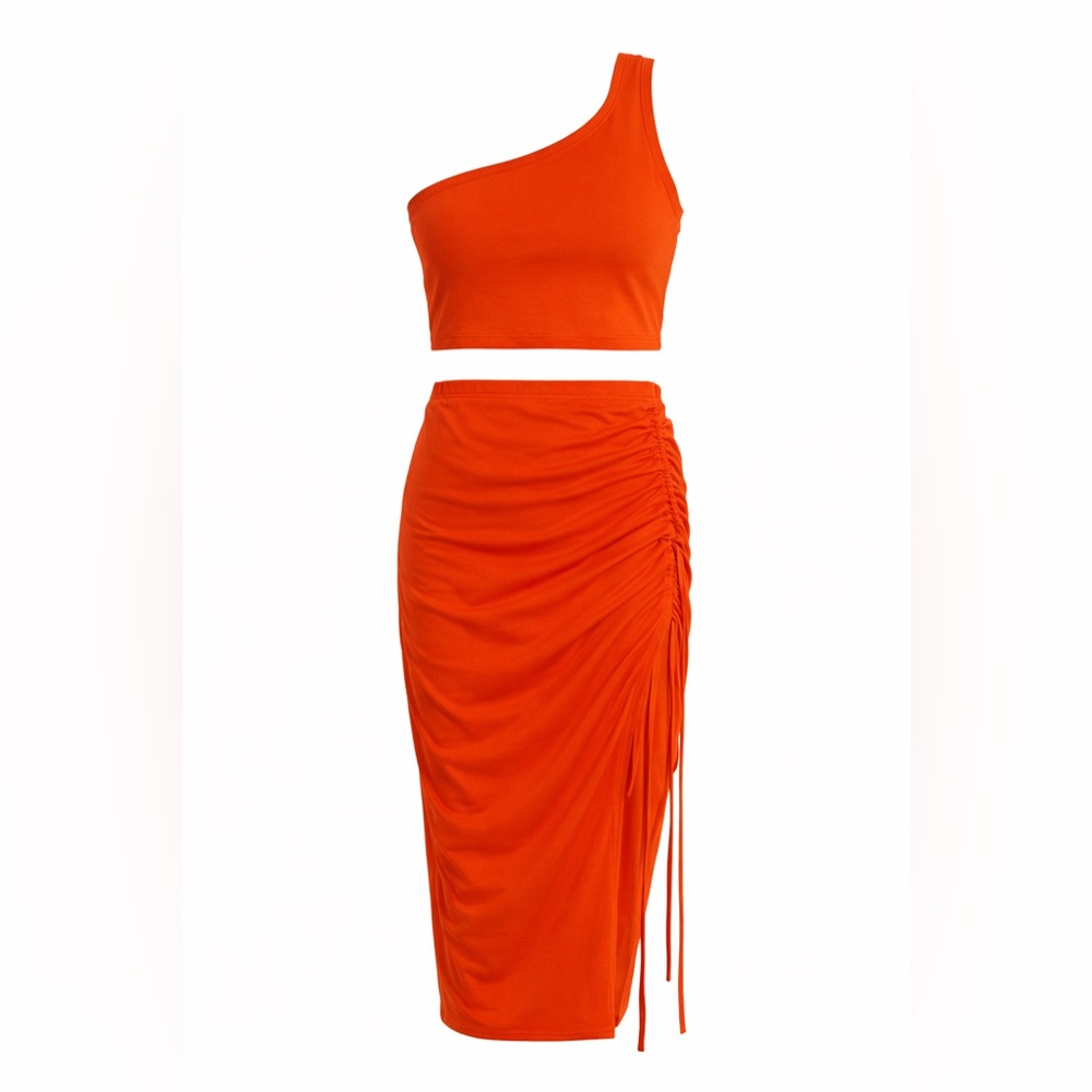 Orange One-Shoulder Top and Skirt Set